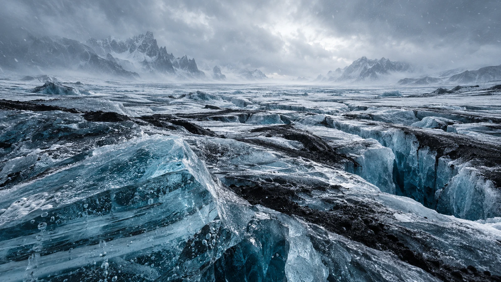 Ice Fields · Glacier Landscape – Fractured glacial ice and dark sediment suggest a vast uninhabited frontier.