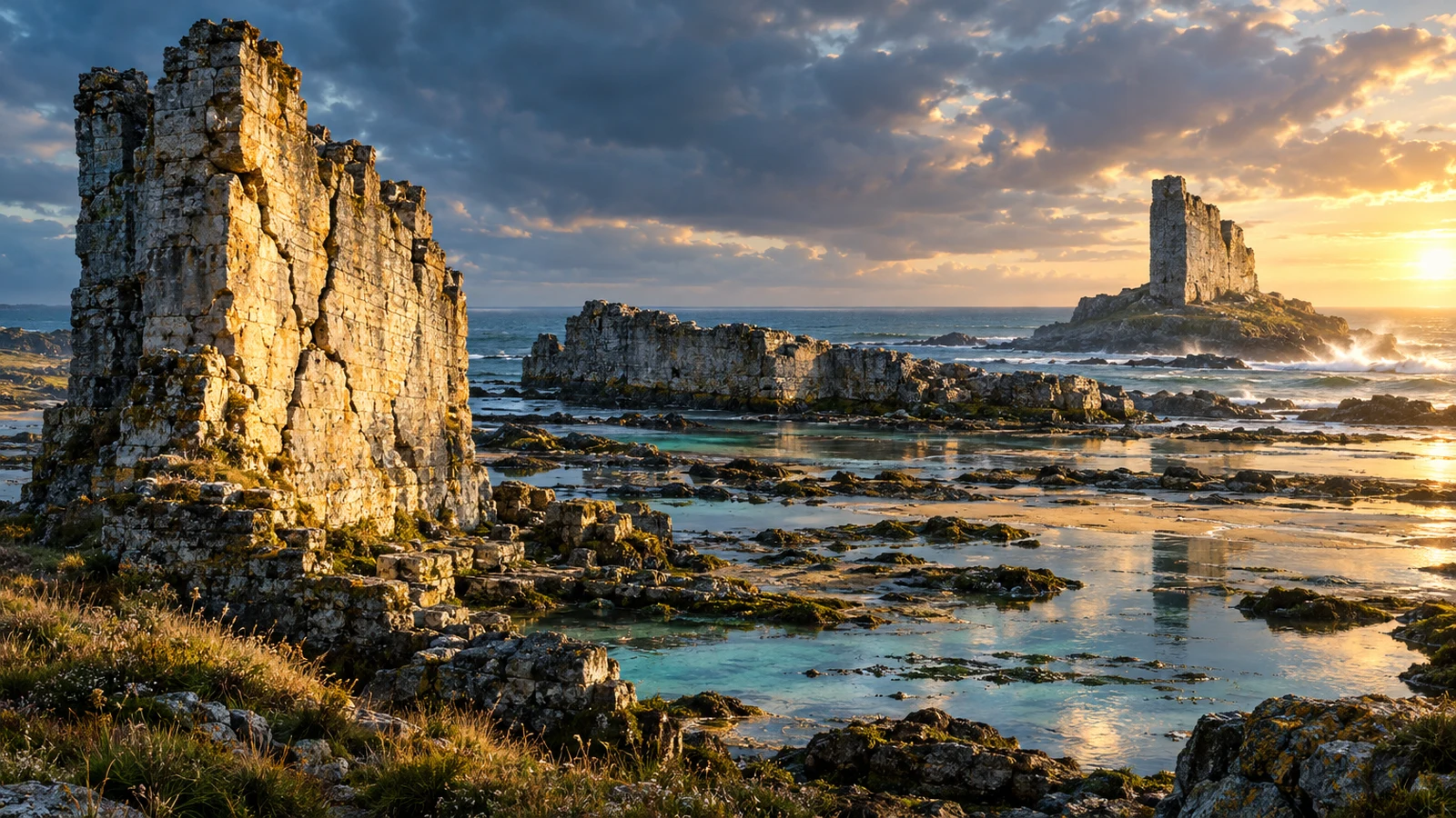 Field of Three Walls · Coastal Ruins – Three distinct wall remnants rise from a tide-shaped coastal landscape.