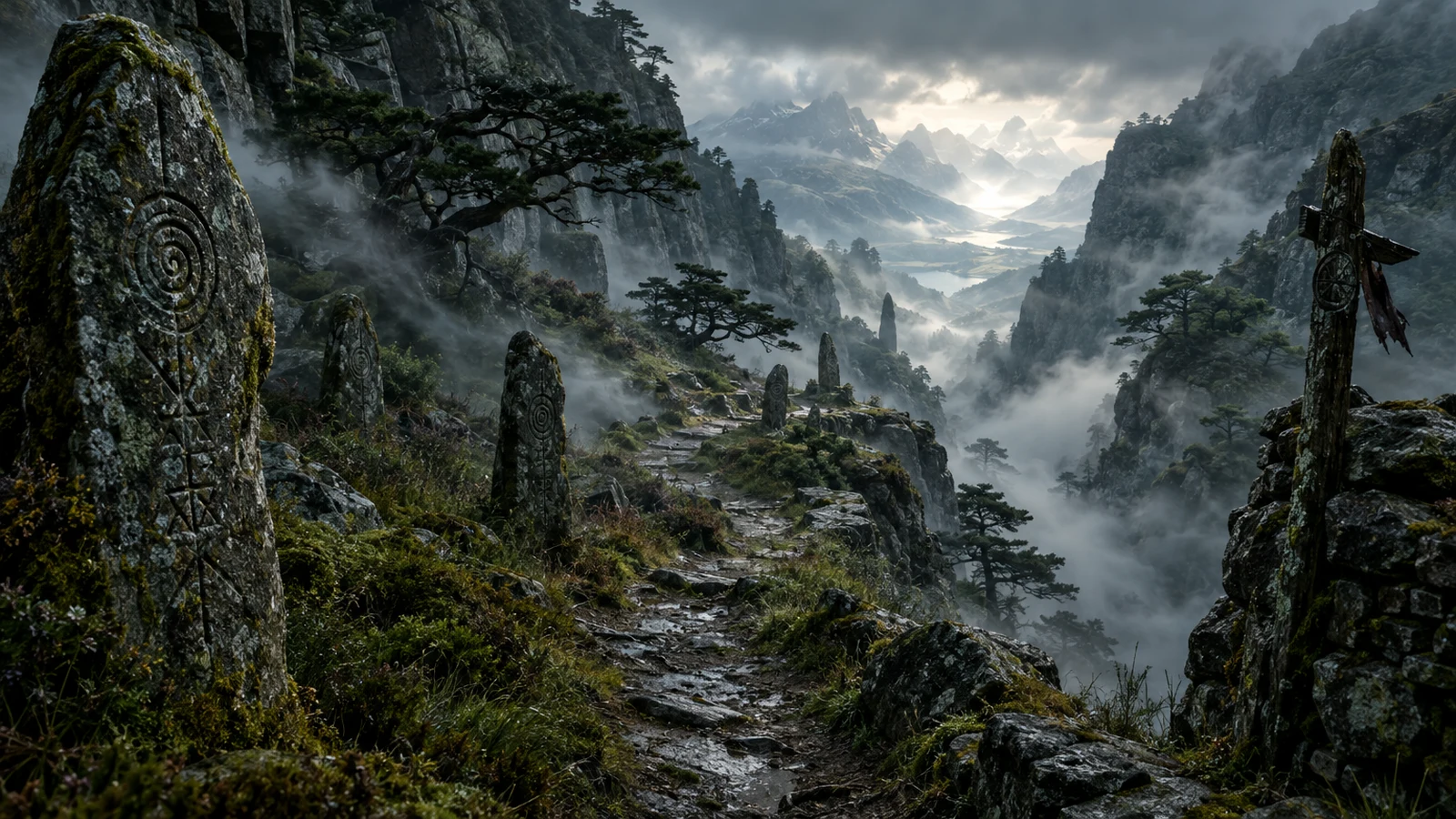 Whispering Passes · Ancient Paths – A narrow trail winds between rock and wind-bent trees.