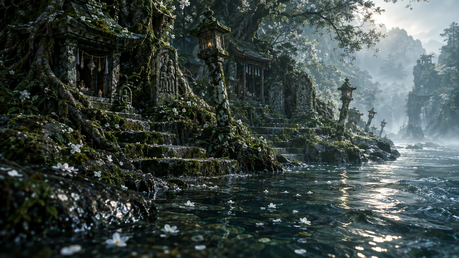 River Shrines of the Naeril – Wet steps and quiet stone shrines line the river through Shoan.