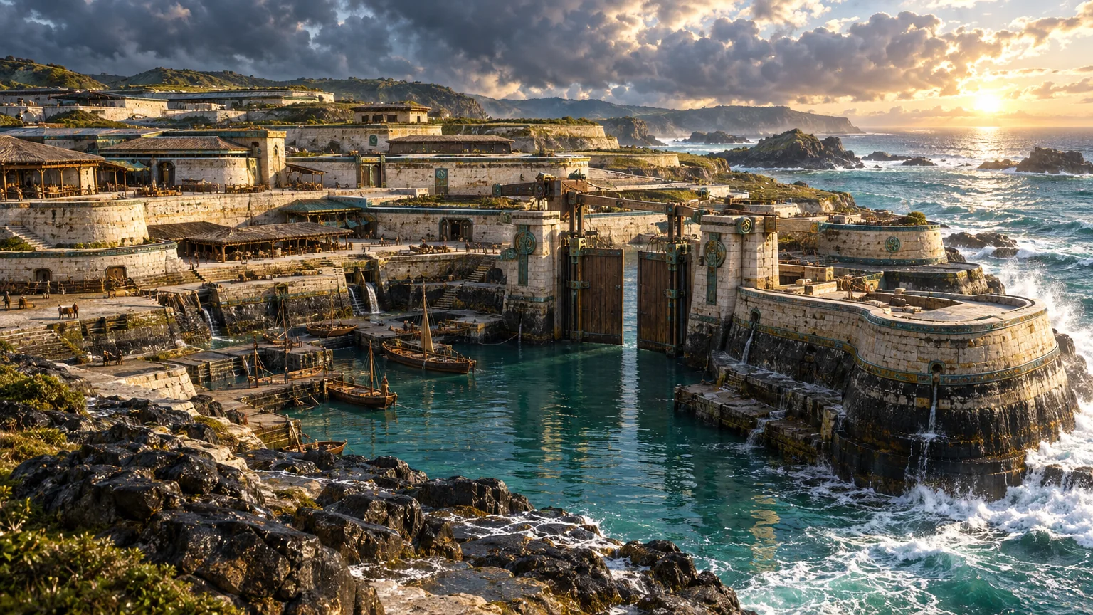 A maritime design of stone and bronze with a functional tidal gate.