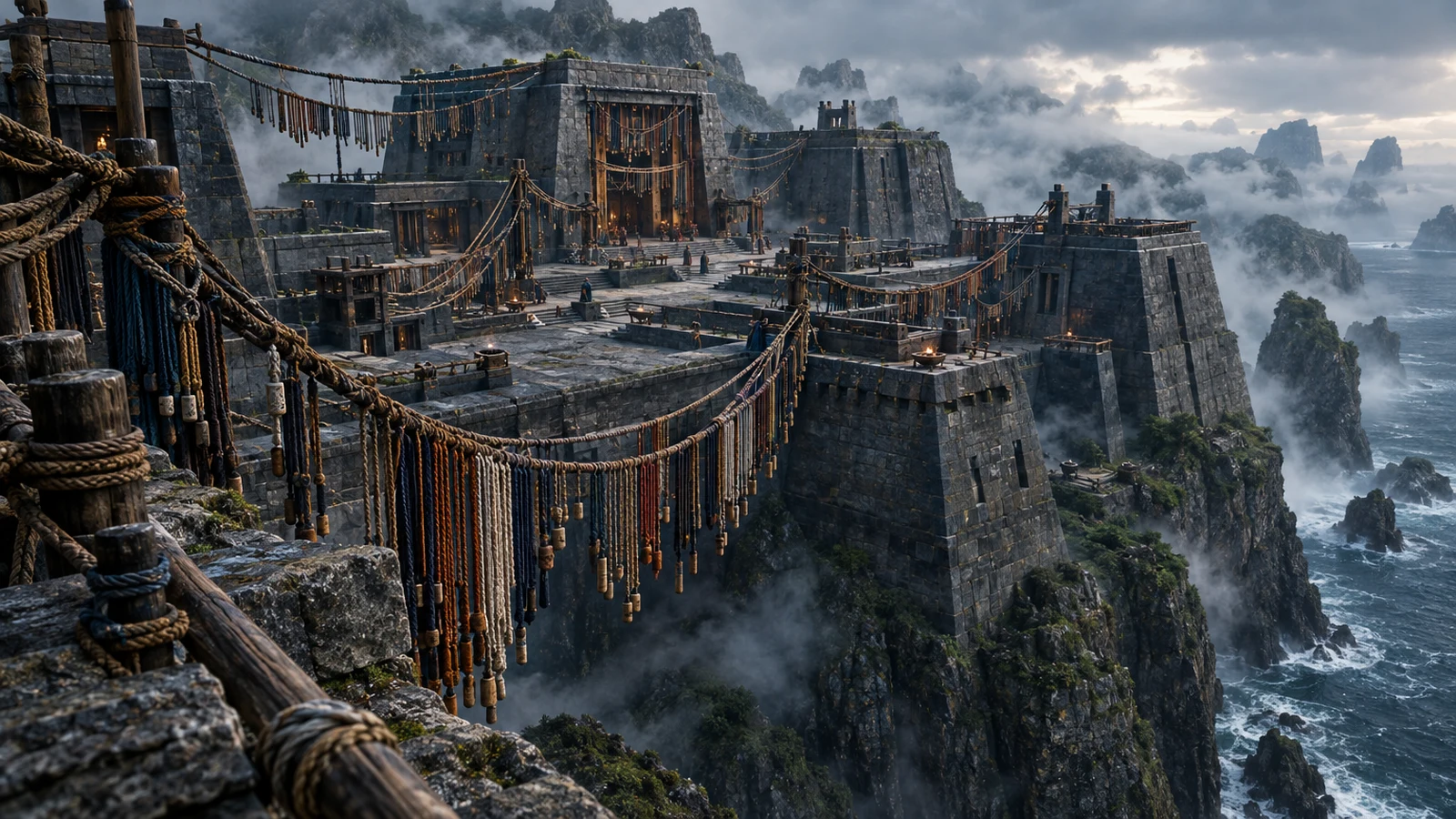 Knot Courts of Uqel · Cord Archives – Stone courts, knotted cords and sea mist define a distinct island architecture.