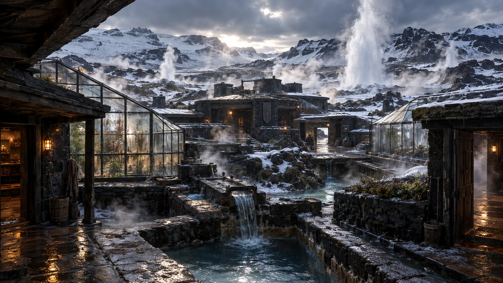Nakh · Geothermal Hold – Dark stone buildings shelter a settlement amid steam and ice.