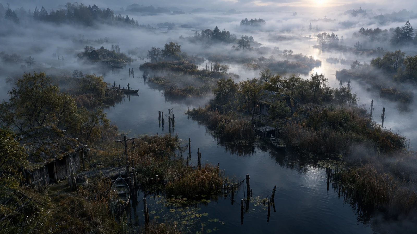 Mist Coves · Hidden Channels – Branching waterways and reed islands dissolve into morning mist.