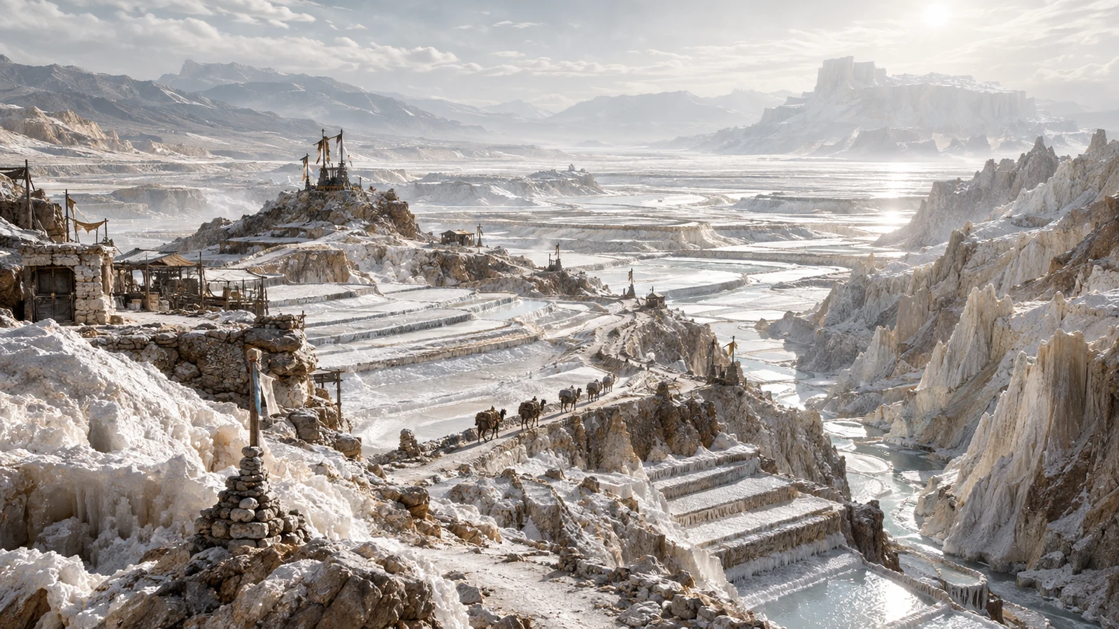 Salt Channels · Mineral Paths – Pale mineral channels and exposed paths mark the salt plateau.