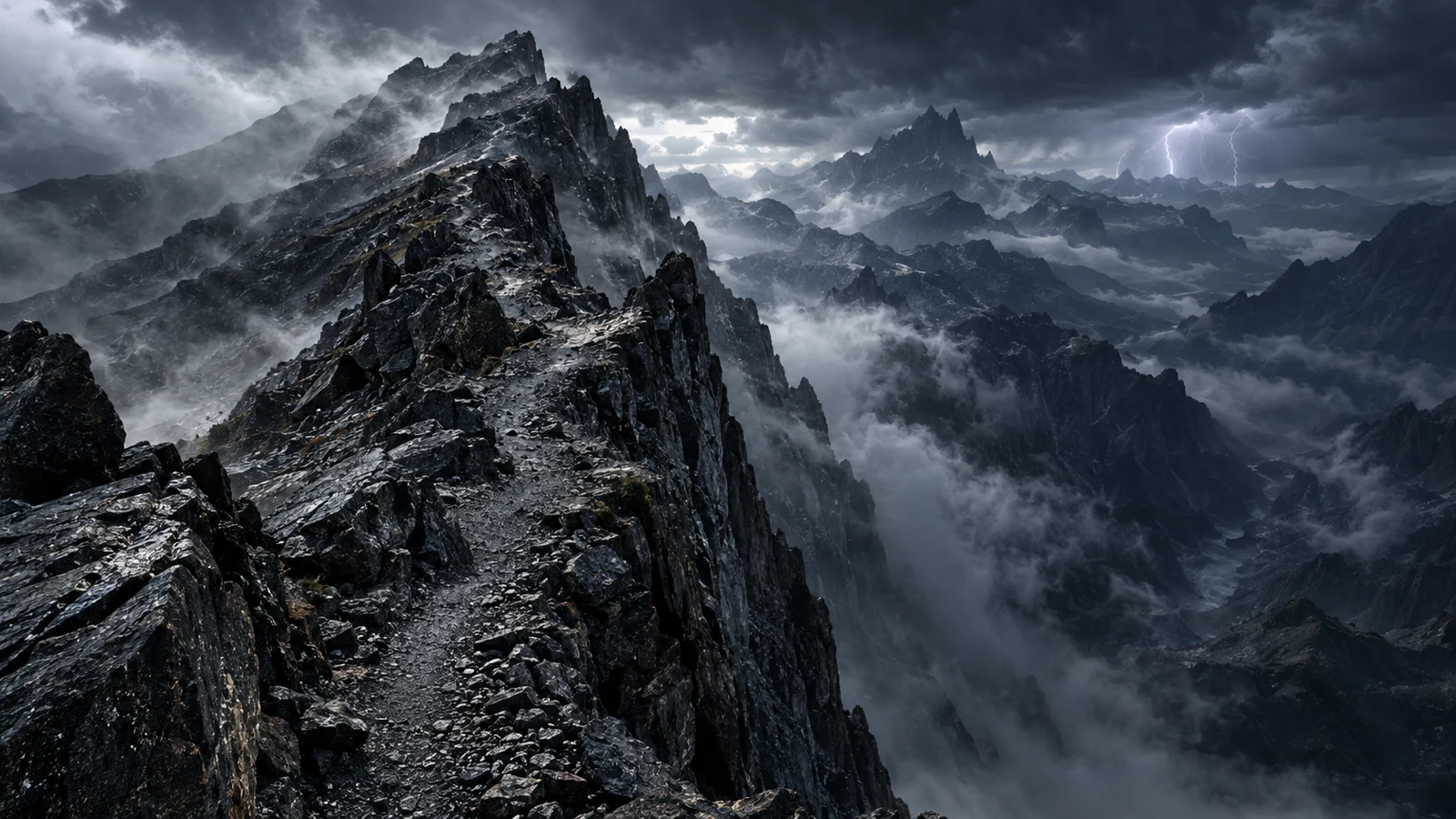 Black Ridge · The Narrow Path – A dark ridge path follows steep drops beneath turbulent clouds.