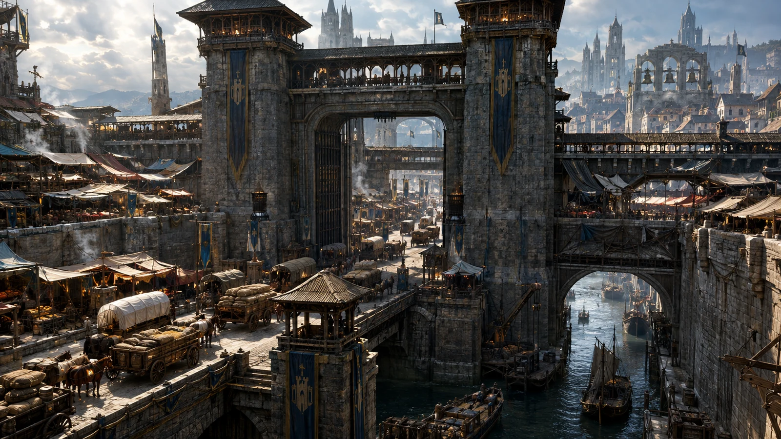 West Gate · Roads to Grauwall – Carts, walls and toll roads converge at the bell city’s western gate.