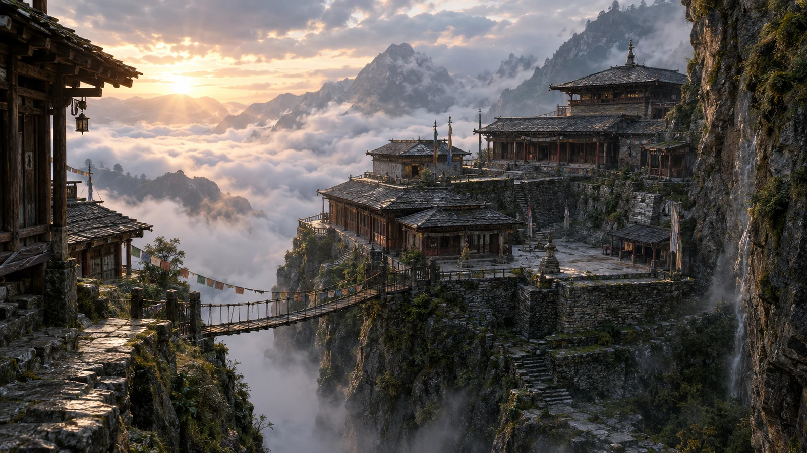 Cloud Terrace Monastery – High stone platforms and timber paths rise above a sea of clouds.