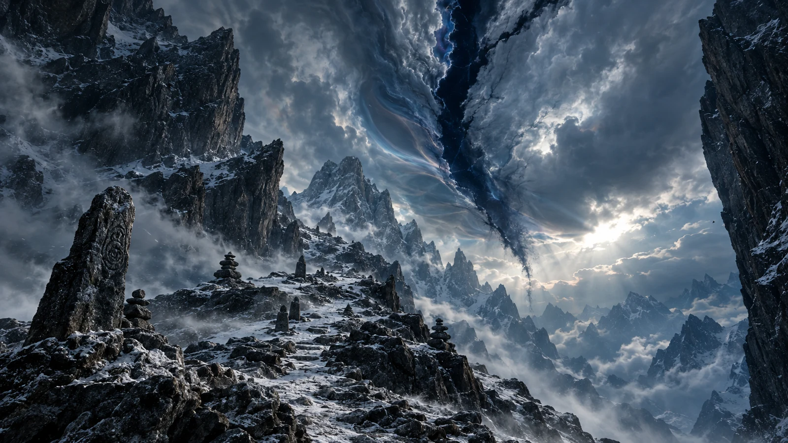 Wound Rim · High Mountain Ridge – A narrow high-mountain path beneath an unsettling sky.