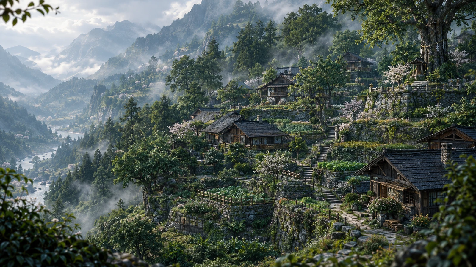 Yueda · Terraced Settlement – Timber homes and gardens cling to forest terraces.