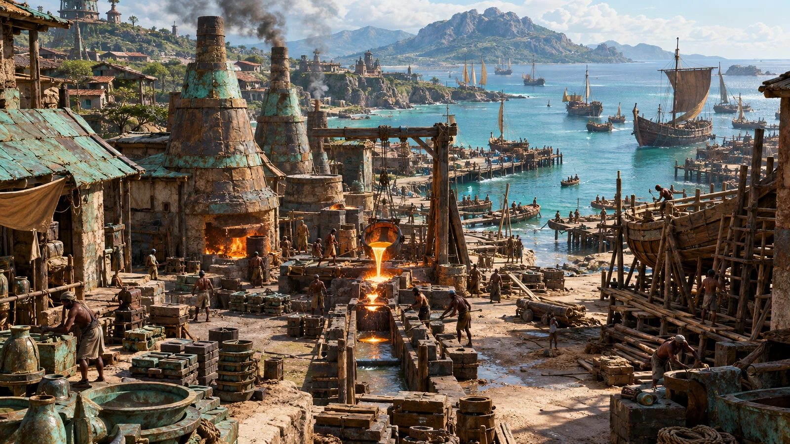 Zande · Harbor and Bronze Casting – Furnaces, shipyards and piers create a busy maritime craft district.